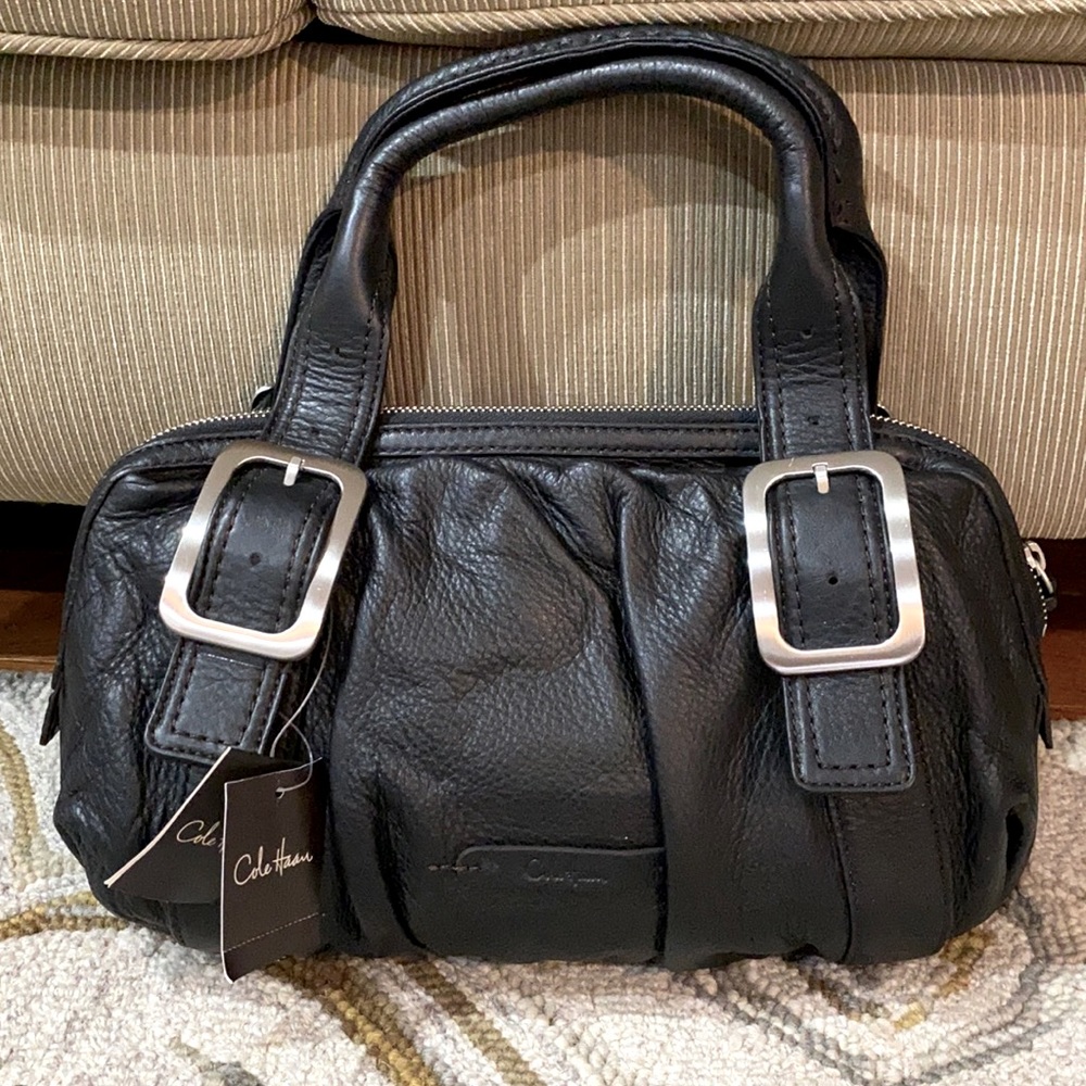 Cole Haan Black Leather Satchel with Silver Buckles